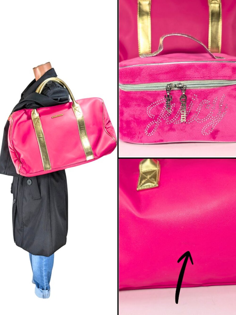 Juicy Couture Hot Pink 2-Piece Travel Gym Overnight Duffel Velour Cosmetic Bag - Picture 11 of 11